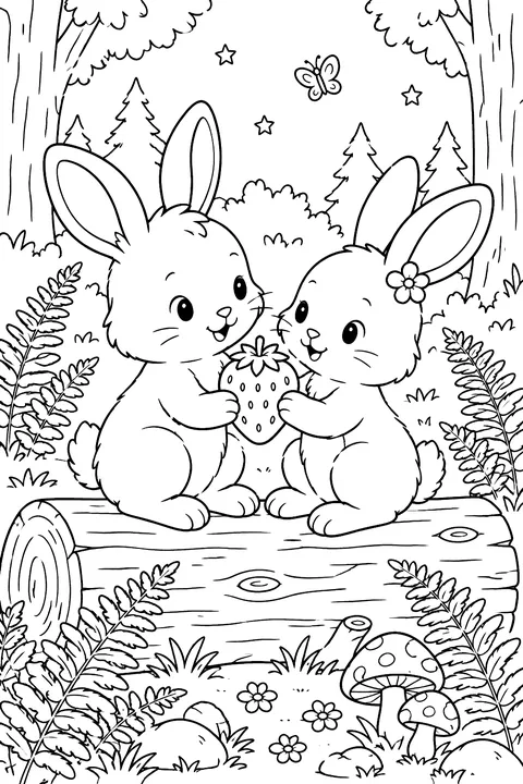 Bunny Friends Sharing a Strawberry coloring page