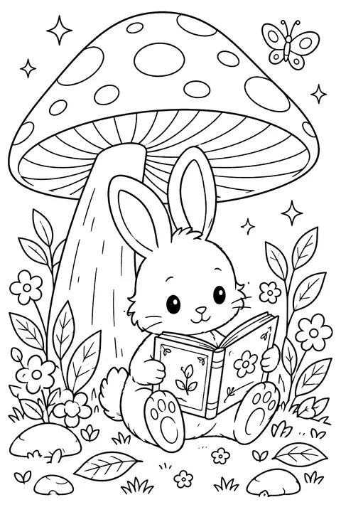 Bunny Reading Under a Mushroom coloring page