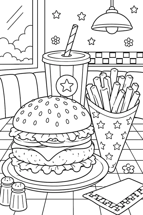 a big burger next to a paper cone of french fries and a soda cup with a straw on a diner table coloring page