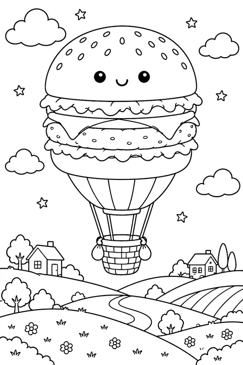 a hot air balloon shaped like a burger floating over hills coloring page