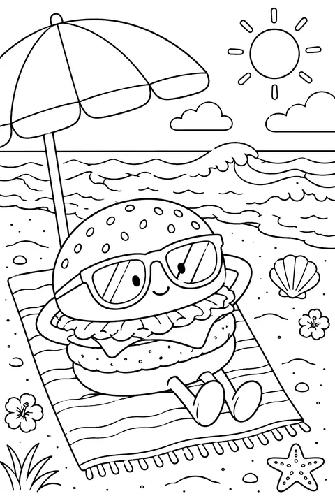a burger relaxing on a beach towel with sunglasses next to an umbrella and waves coloring page