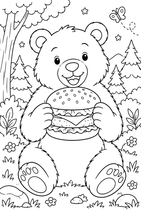 a brown bear holding a big burger with both paws in the forest coloring page