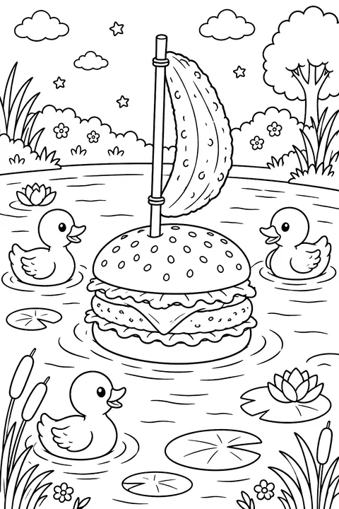 a burger floating like a boat on a pond with a pickle sail and ducks coloring page