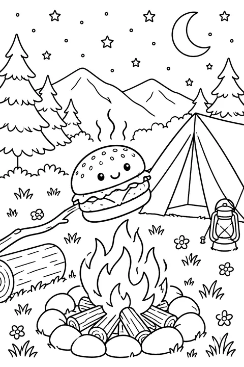 a burger roasting over a campfire next to a tent under the stars coloring page