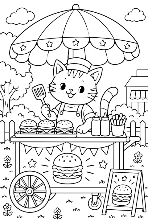 a street cart selling burgers with an umbrella and a cat vendor coloring page