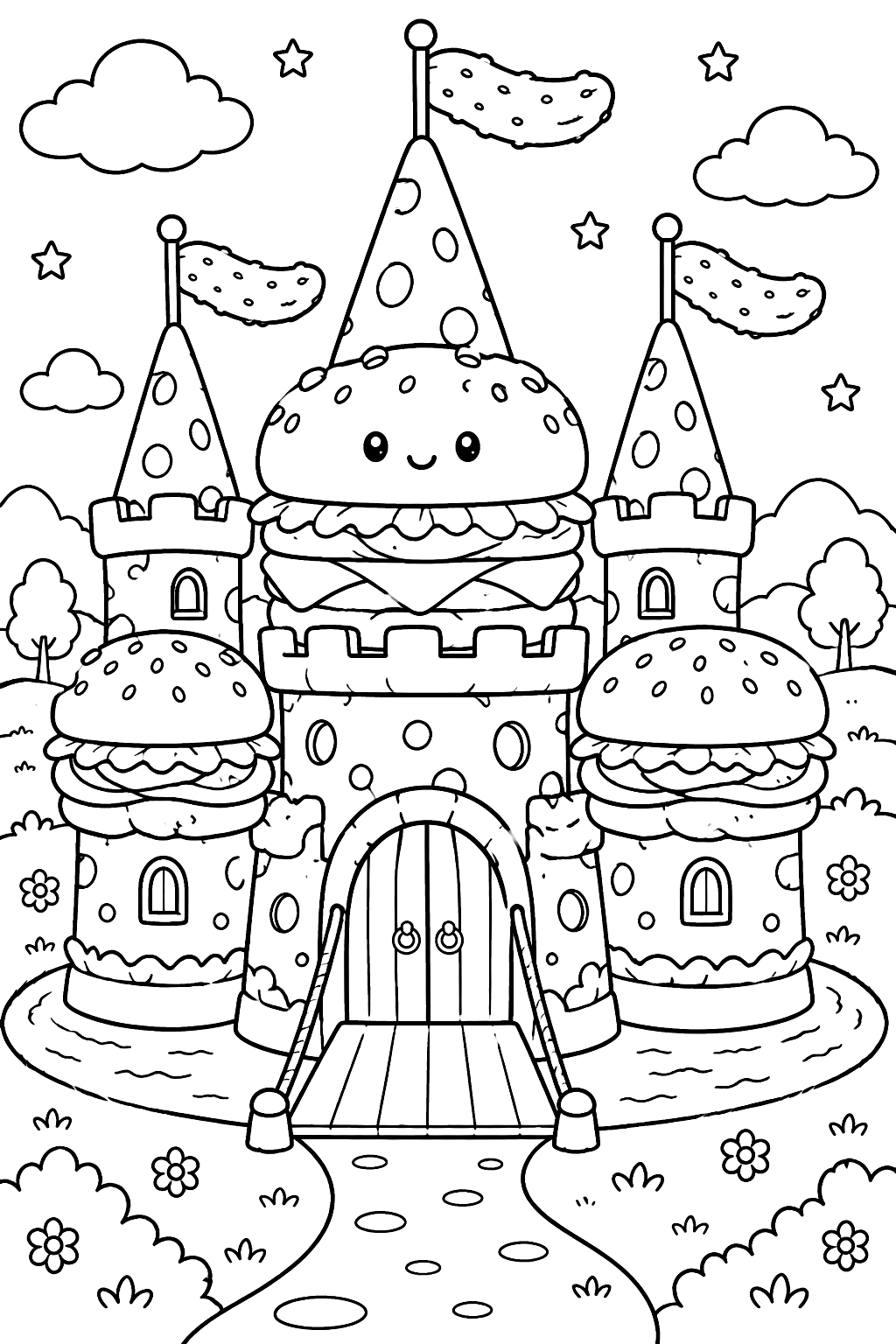 a castle made of burger buns, cheese towers and pickle flags coloring page