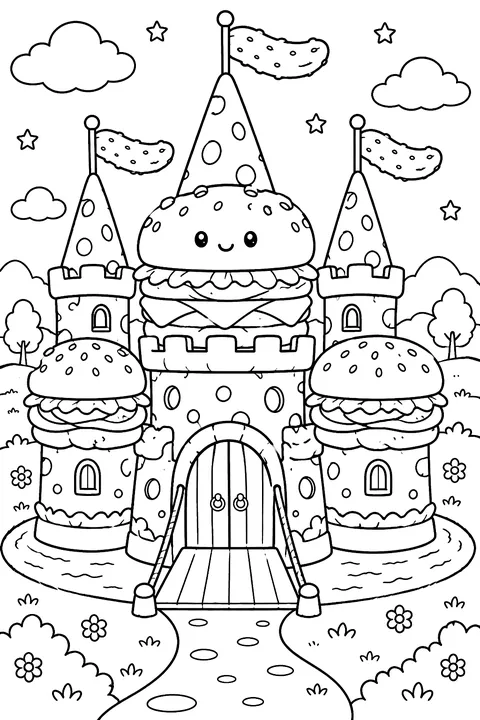 a castle made of burger buns, cheese towers and pickle flags coloring page