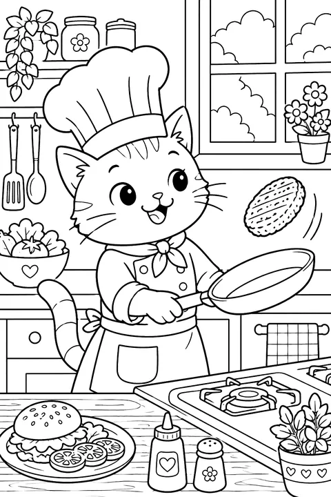 a chef cat in a tall hat flipping a burger patty in a cozy kitchen coloring page