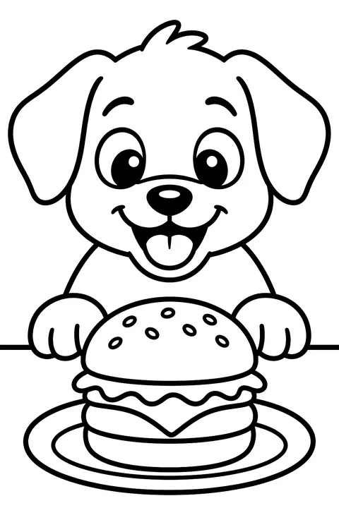 a happy puppy looking at a burger on a plate at the table coloring page