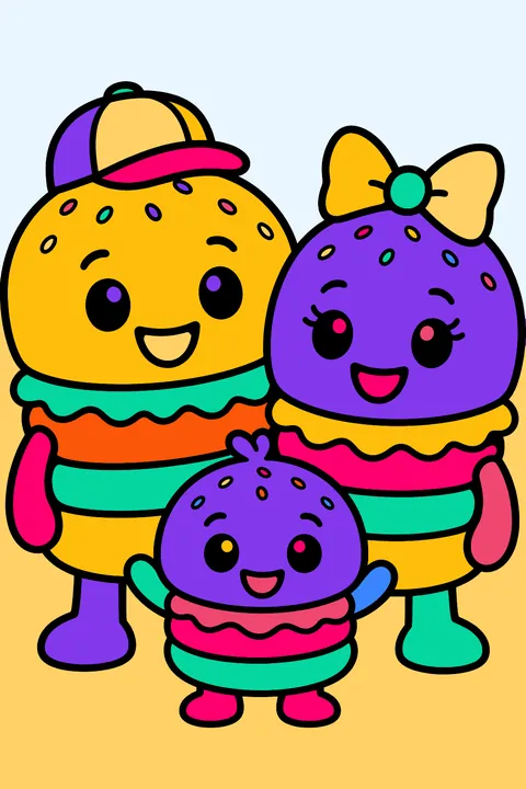 a burger dad, burger mom and a slider baby with happy faces coloring page