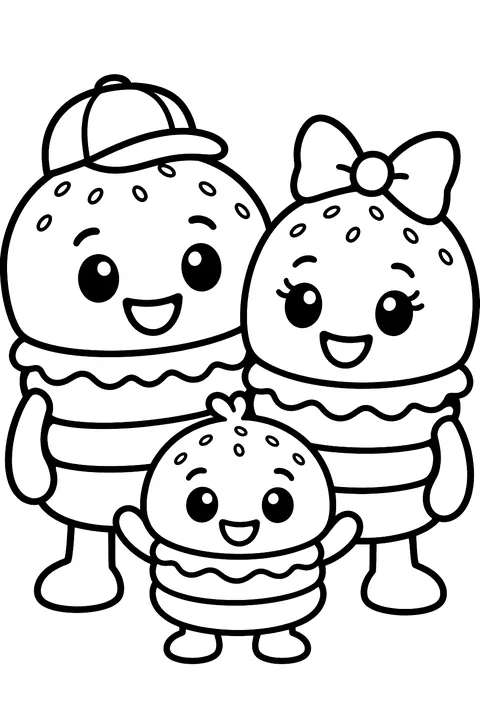 a burger dad, burger mom and a slider baby with happy faces coloring page