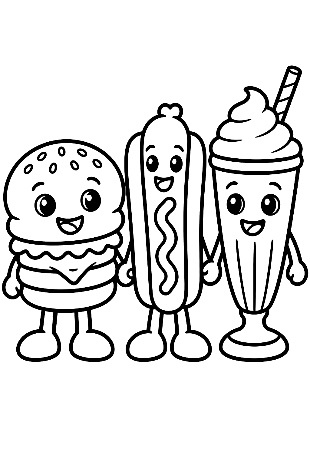 a burger, a hot dog and a milkshake with happy faces holding hands coloring page
