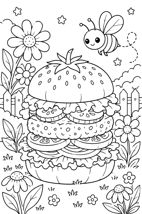 a burger made of garden vegetables with a bee and flowers around coloring page