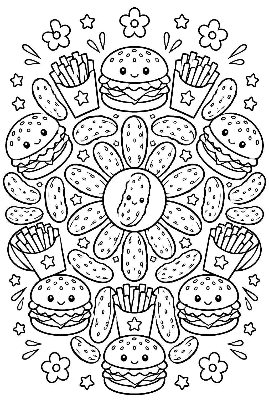 a round mandala made of burgers, fries and pickles coloring page
