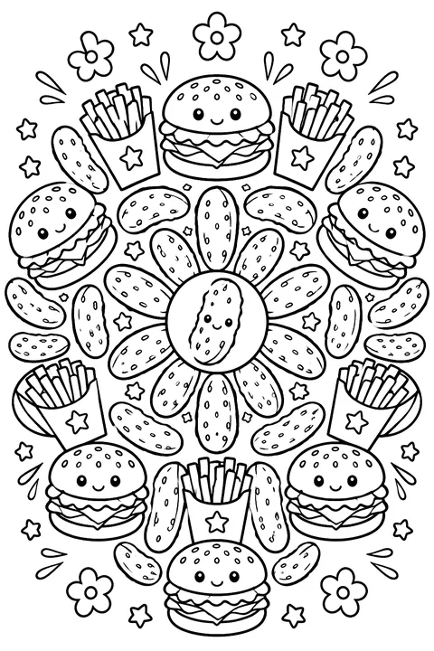 a round mandala made of burgers, fries and pickles coloring page