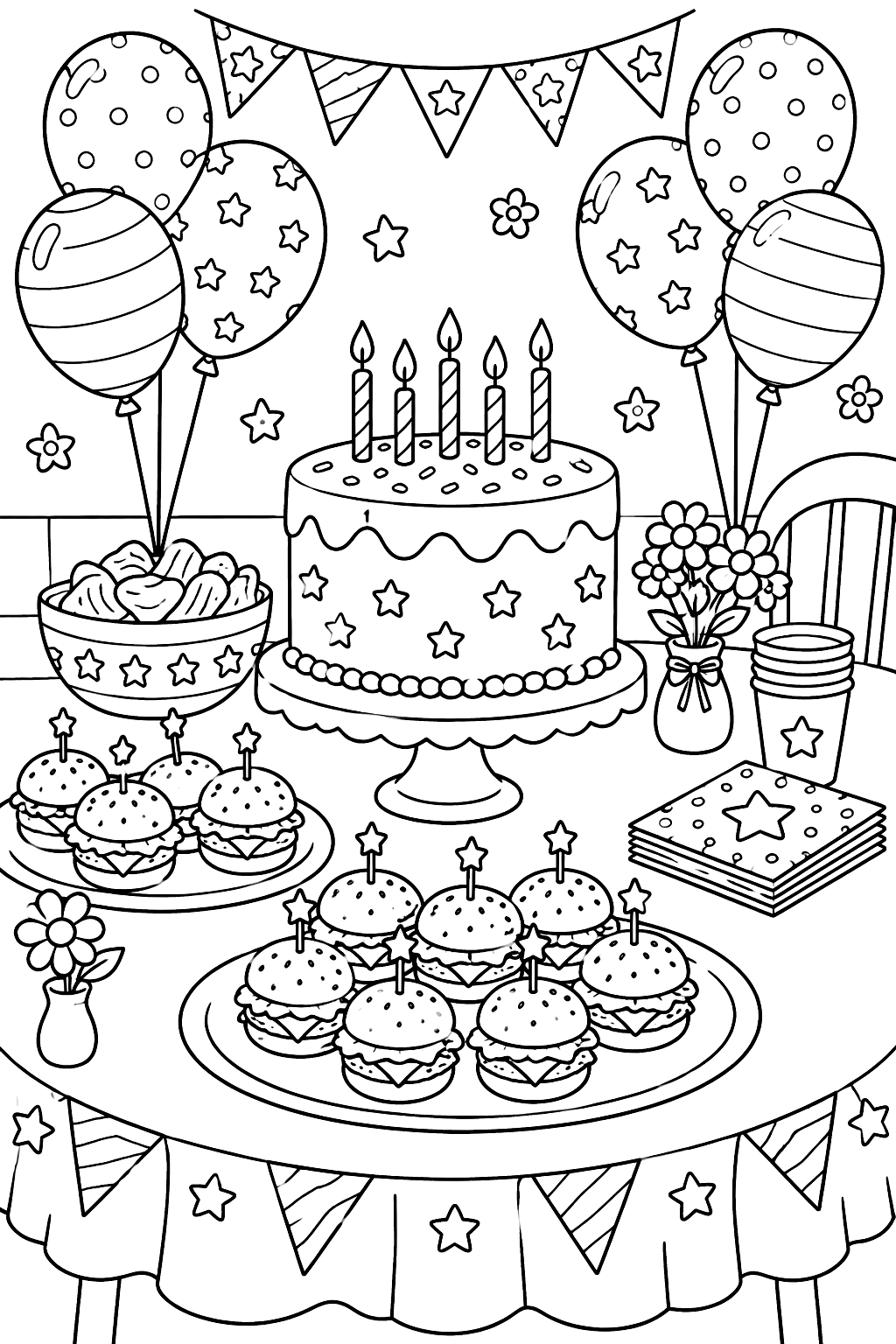 a birthday party table with mini burgers, balloons and a cake coloring page