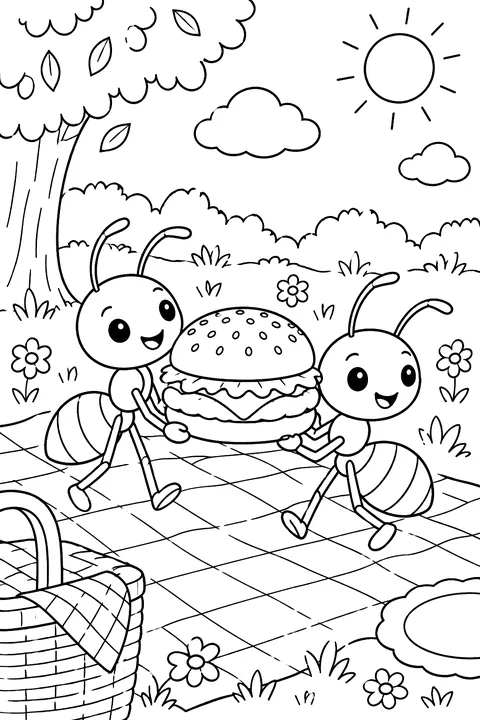 friendly ants carrying a tiny burger across a picnic blanket coloring page