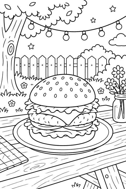 a burger on a plate on a wooden picnic table in a backyard with string lights and a tree coloring page