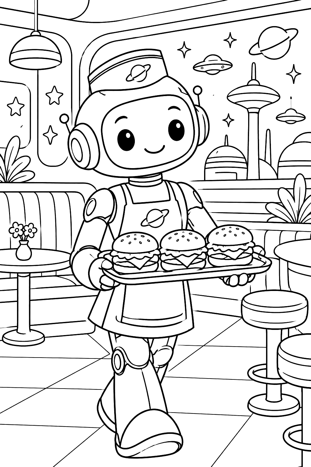 a robot serving burgers on a tray in a futuristic diner coloring page