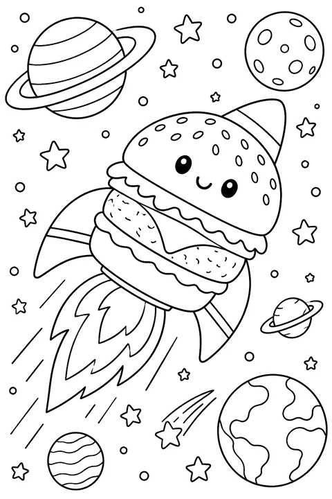 a burger shaped like a rocket flying through stars and planets coloring page