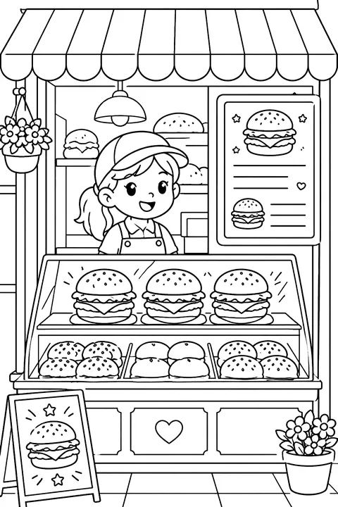 a sandwich shop window display with burgers, buns and a menu board without words coloring page