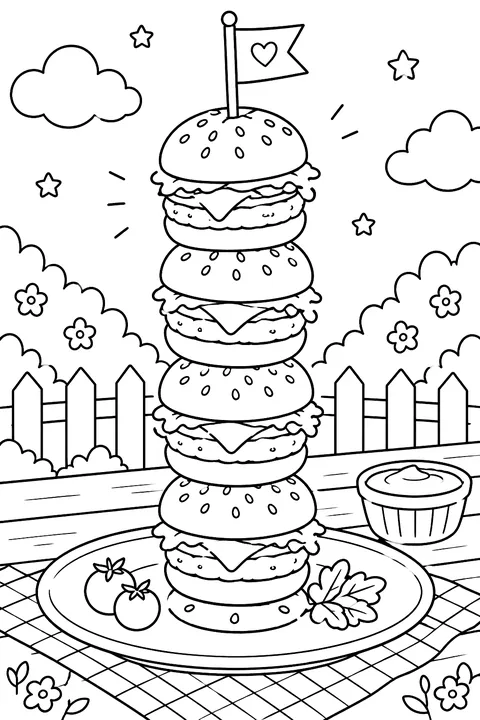 a tower of mini sliders stacked high with a toothpick flag on top coloring page