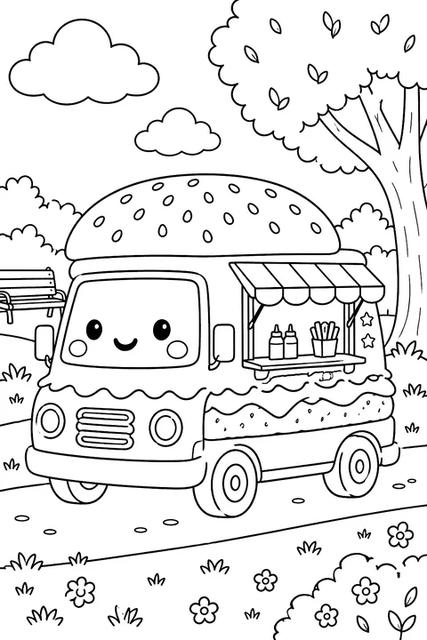 a food truck shaped like a burger parked by a park with a tree and clouds coloring page