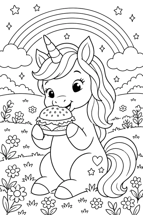 a unicorn eating a burger in a meadow with rainbows coloring page