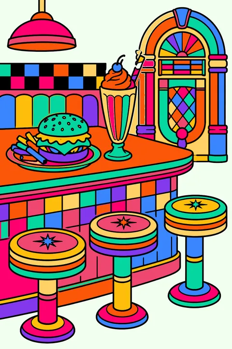 a retro diner counter with a burger plate, milkshake, stools and a jukebox coloring page