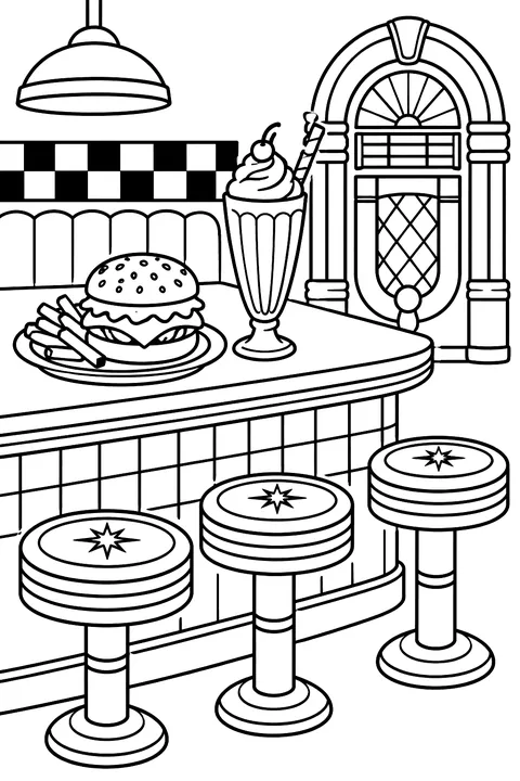a retro diner counter with a burger plate, milkshake, stools and a jukebox coloring page