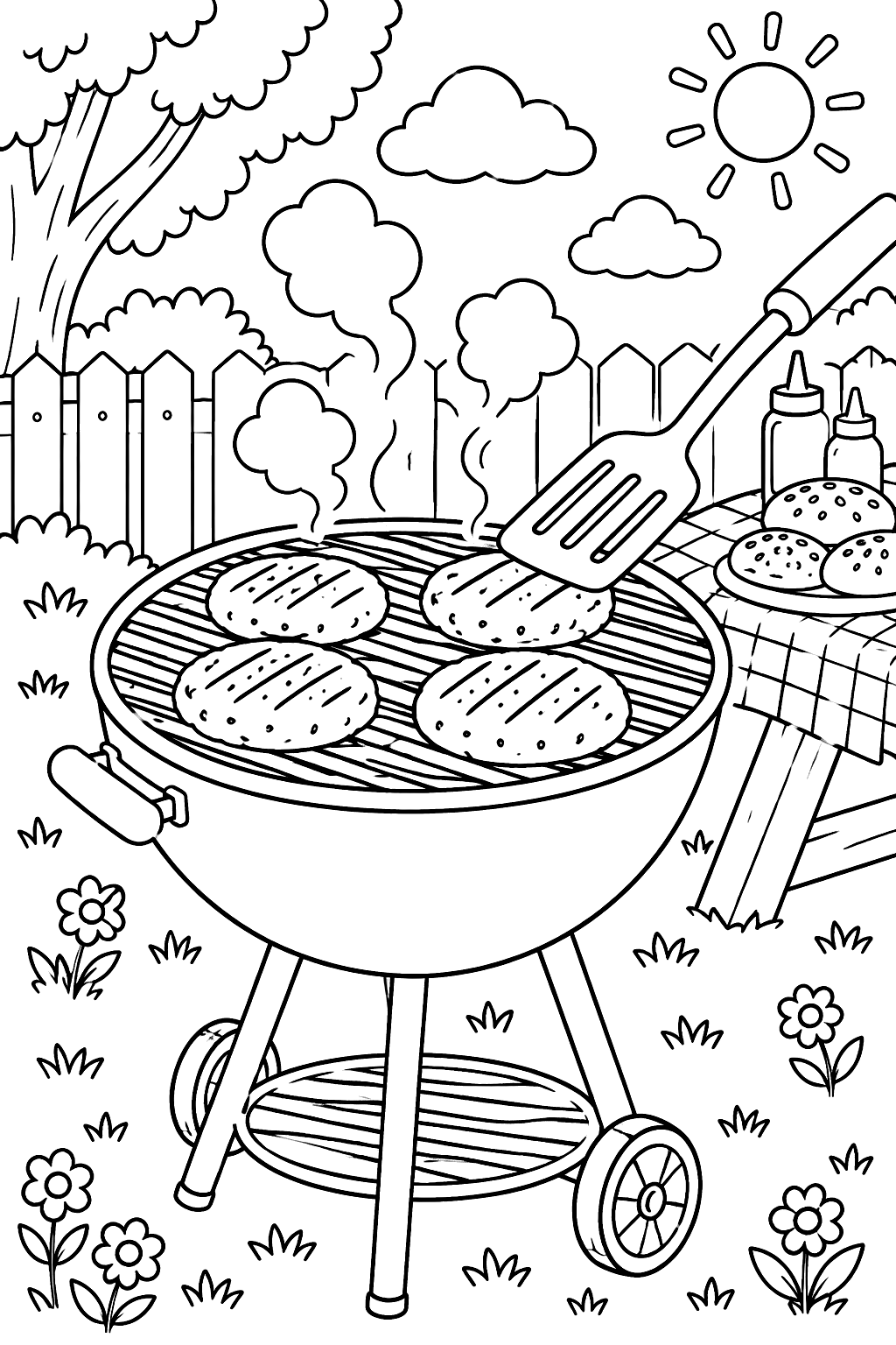 burgers sizzling on a round barbecue grill with a spatula, smoke puffs drawn as outlines coloring page