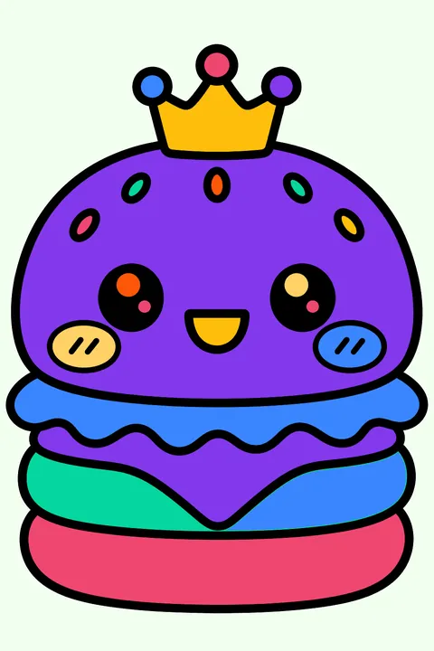 a kawaii burger with blushing cheeks and a tiny crown coloring page