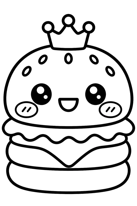 a kawaii burger with blushing cheeks and a tiny crown coloring page