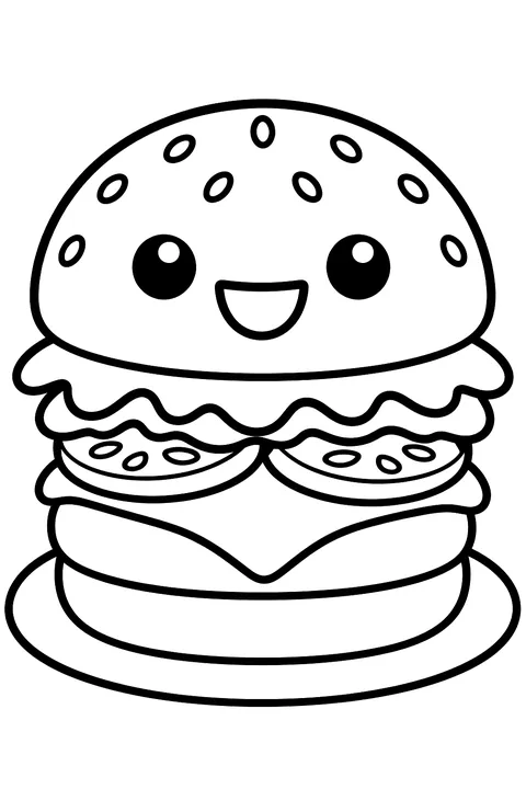 a cute smiling cheeseburger with sesame seeds, lettuce and tomato on a plate coloring page