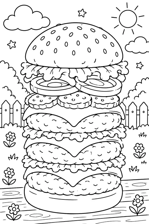 a tall stacked burger with three patties, cheese, pickles, lettuce and onion rings coloring page