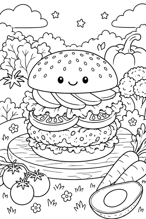 a veggie burger with lettuce, tomato and avocado slices surrounded by vegetables coloring page