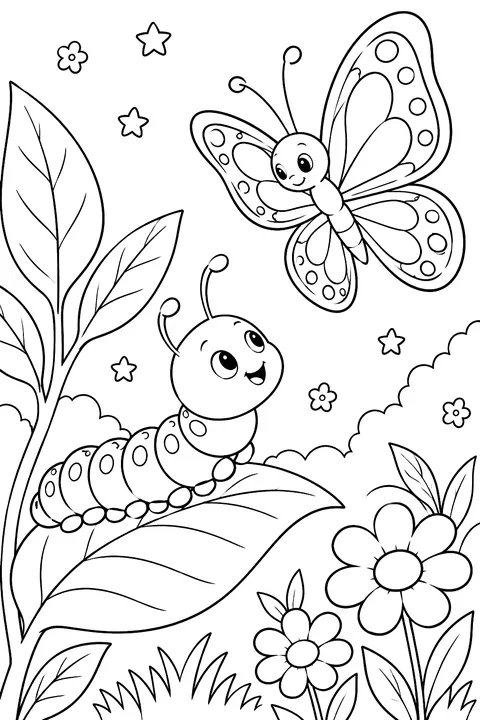 Caterpillar and Butterfly coloring page