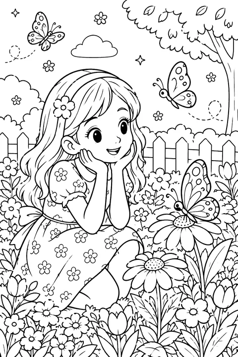 Girl Watching Butterflies coloring page