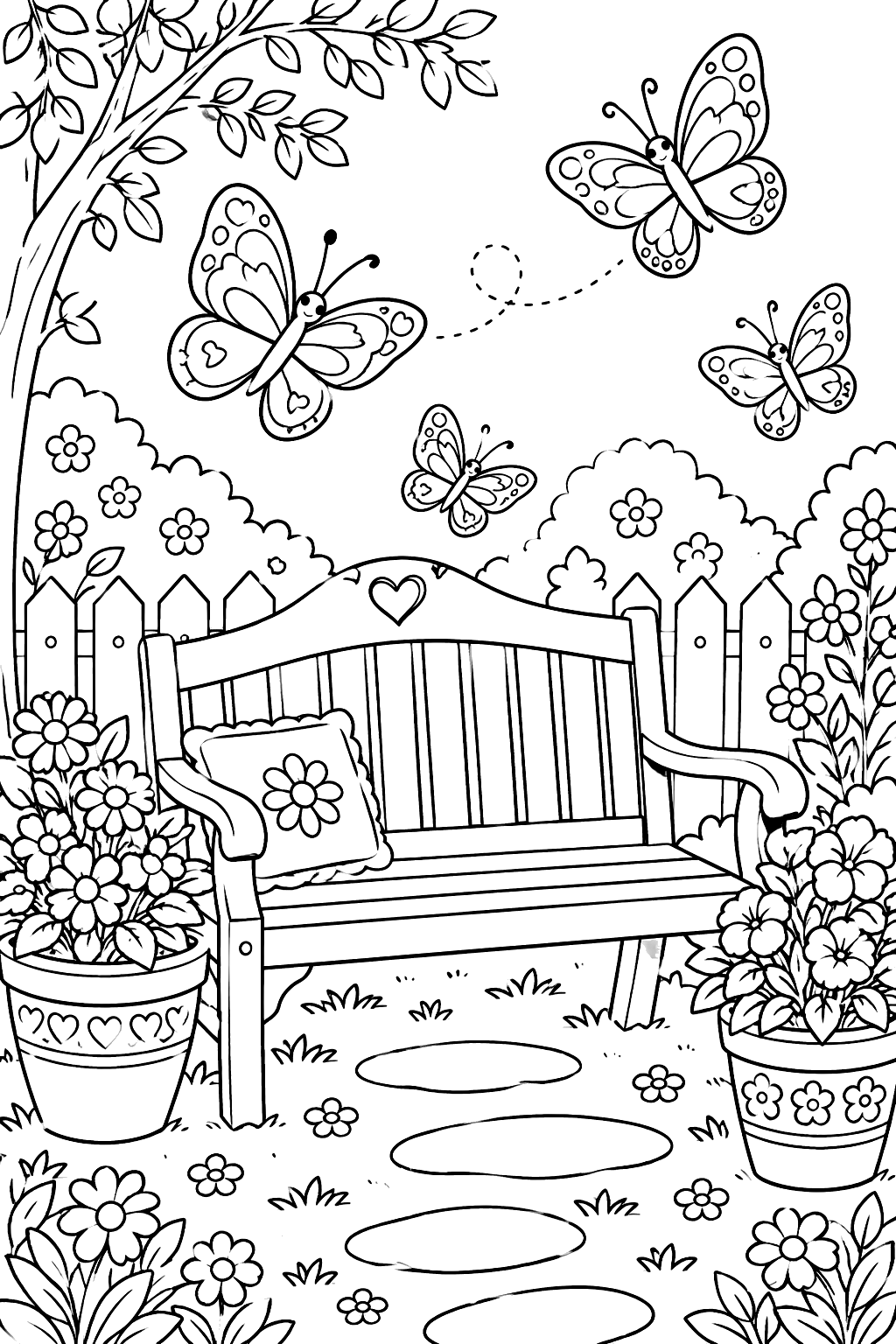 Butterflies Around a Garden Bench coloring page