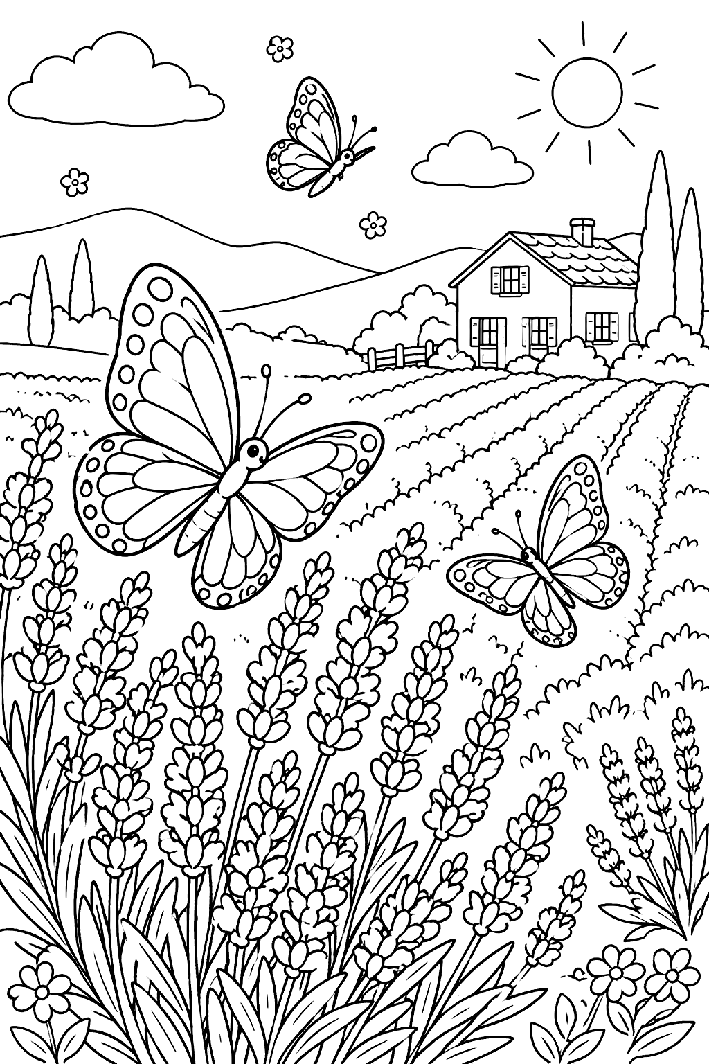 Butterflies Over Lavender coloring page