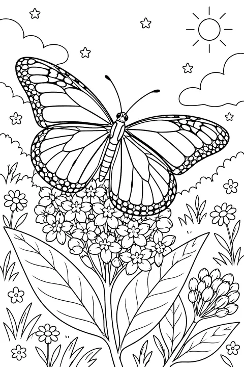 Monarch Butterfly on Milkweed coloring page