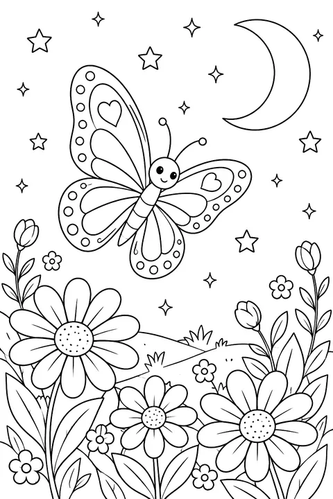 Butterfly Under the Moon coloring page