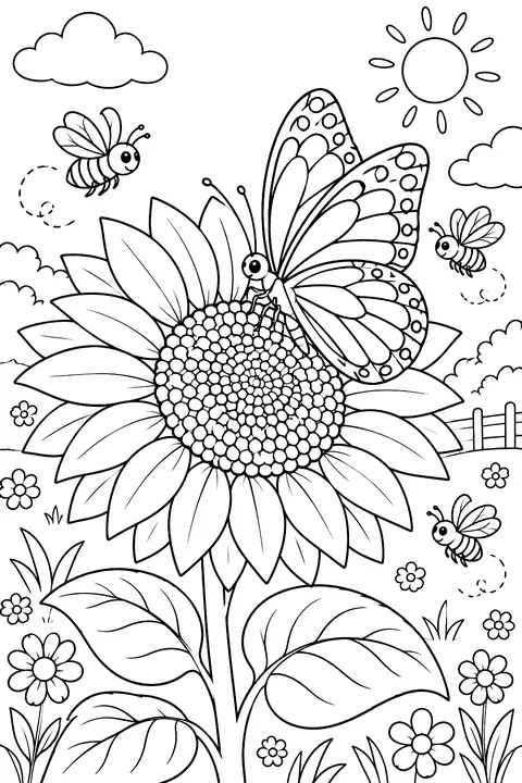 Butterfly on a Sunflower coloring page