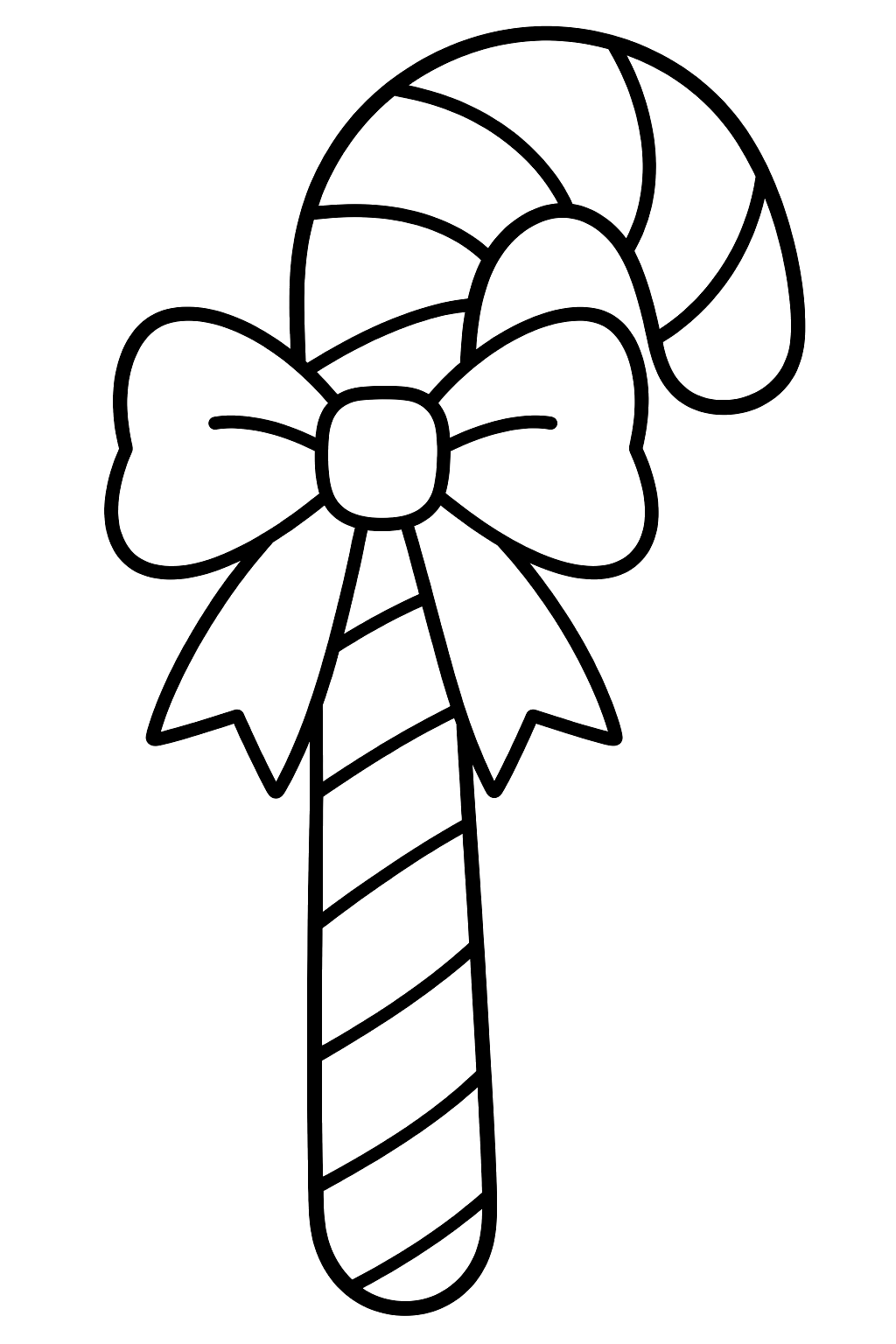 Big striped candy cane with a bow tied around the hook coloring page