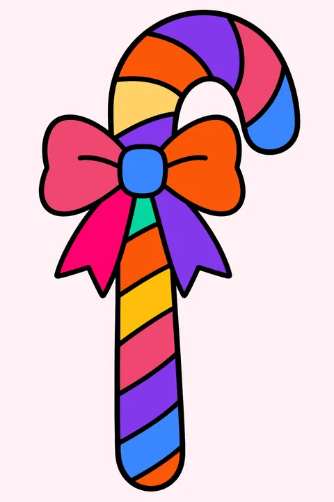Big striped candy cane with a bow tied around the hook coloring page
