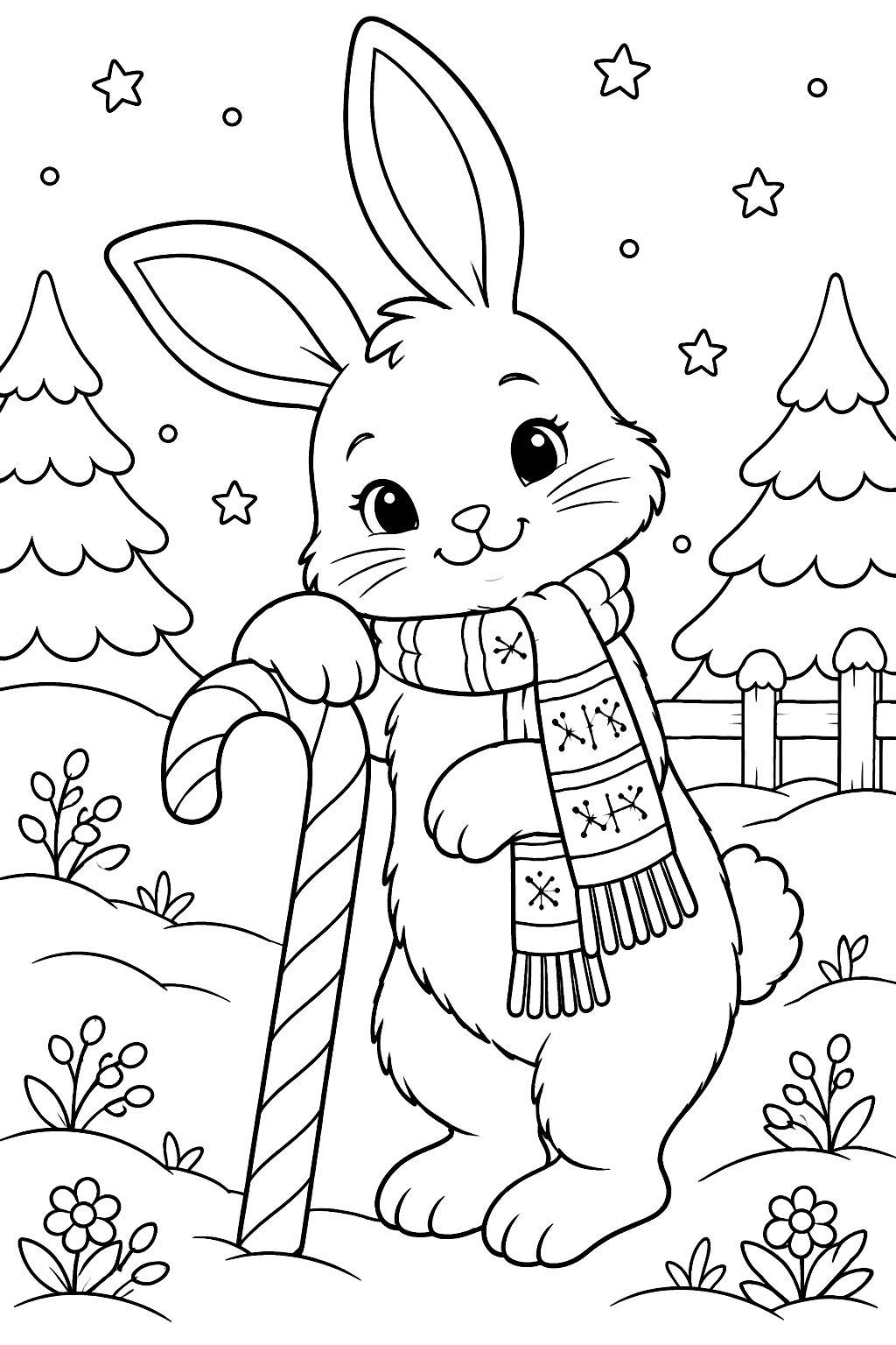 Bunny in a scarf leaning on a candy cane like a walking stick coloring page