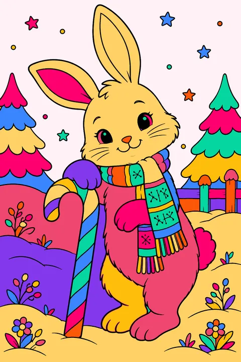 Bunny in a scarf leaning on a candy cane like a walking stick coloring page