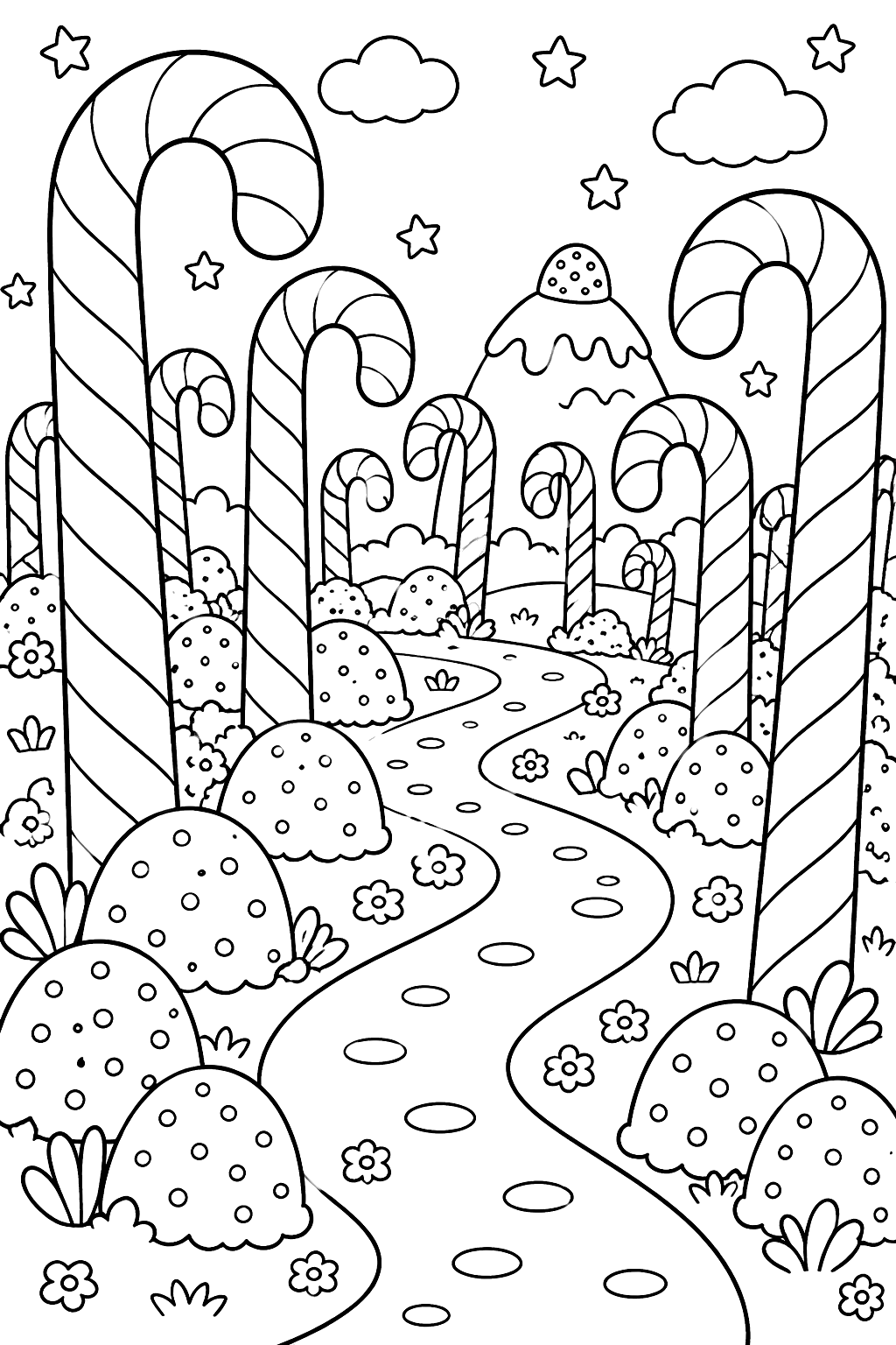 Candy cane forest with gumdrop bushes and a winding path coloring page