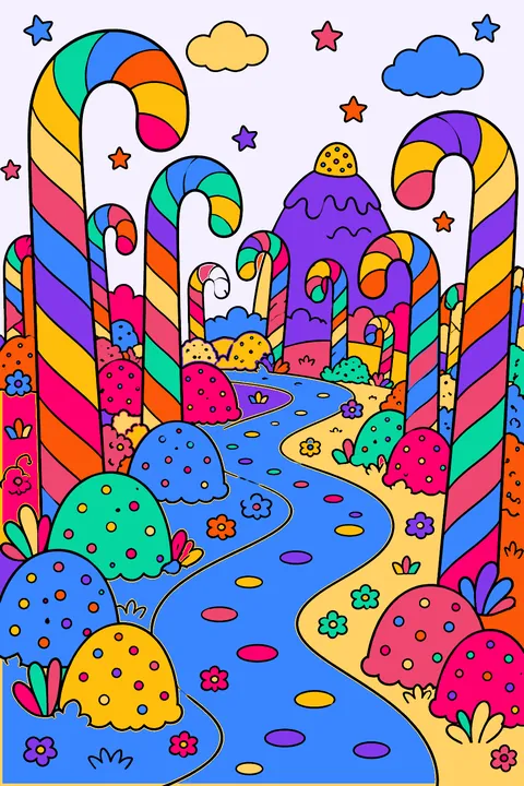 Candy cane forest with gumdrop bushes and a winding path coloring page