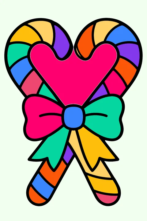 Two candy canes forming a heart shape with a bow coloring page